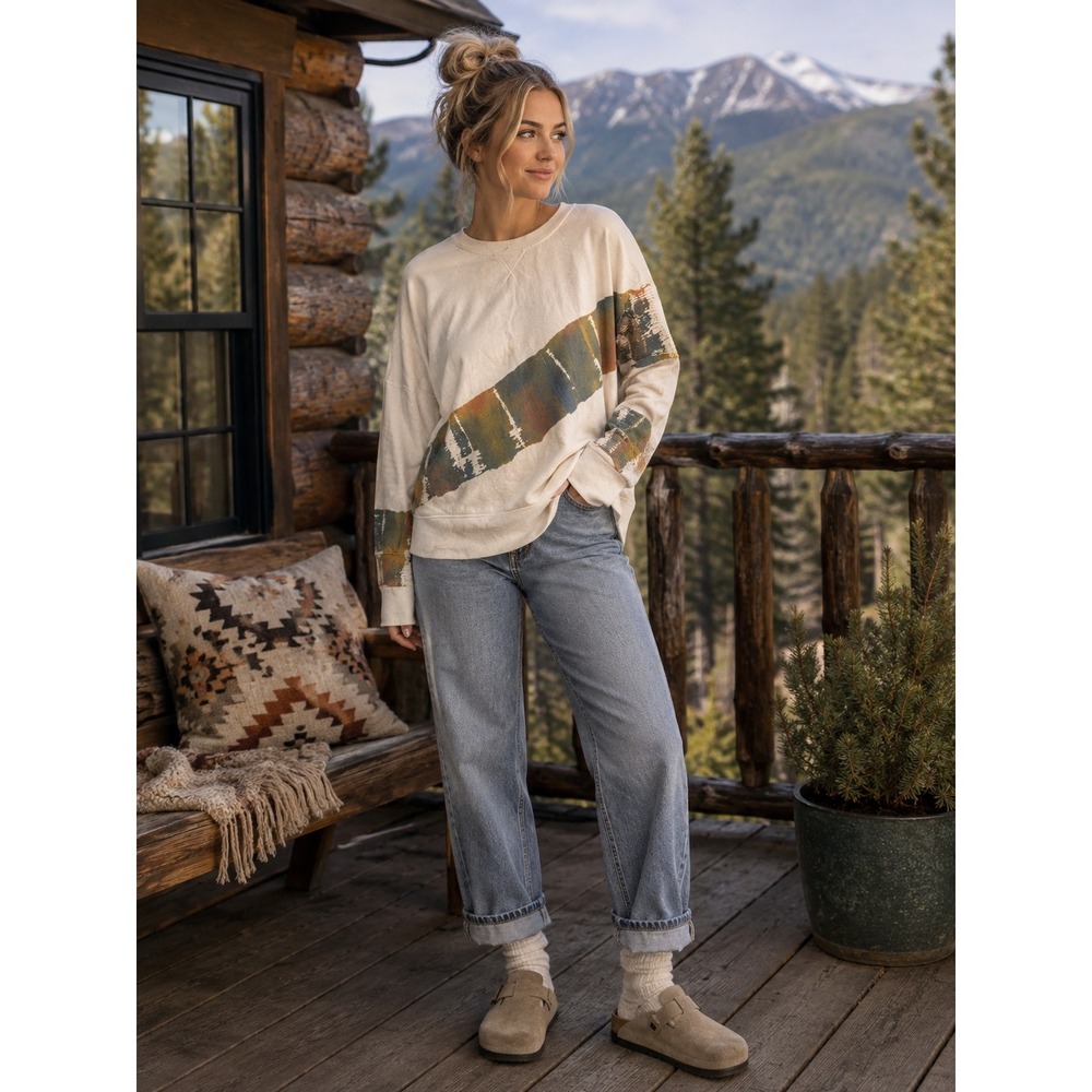 True Craft Sweatshirt Womens Medium Cream Forest Mountain Graphic Outdoorsy Boho